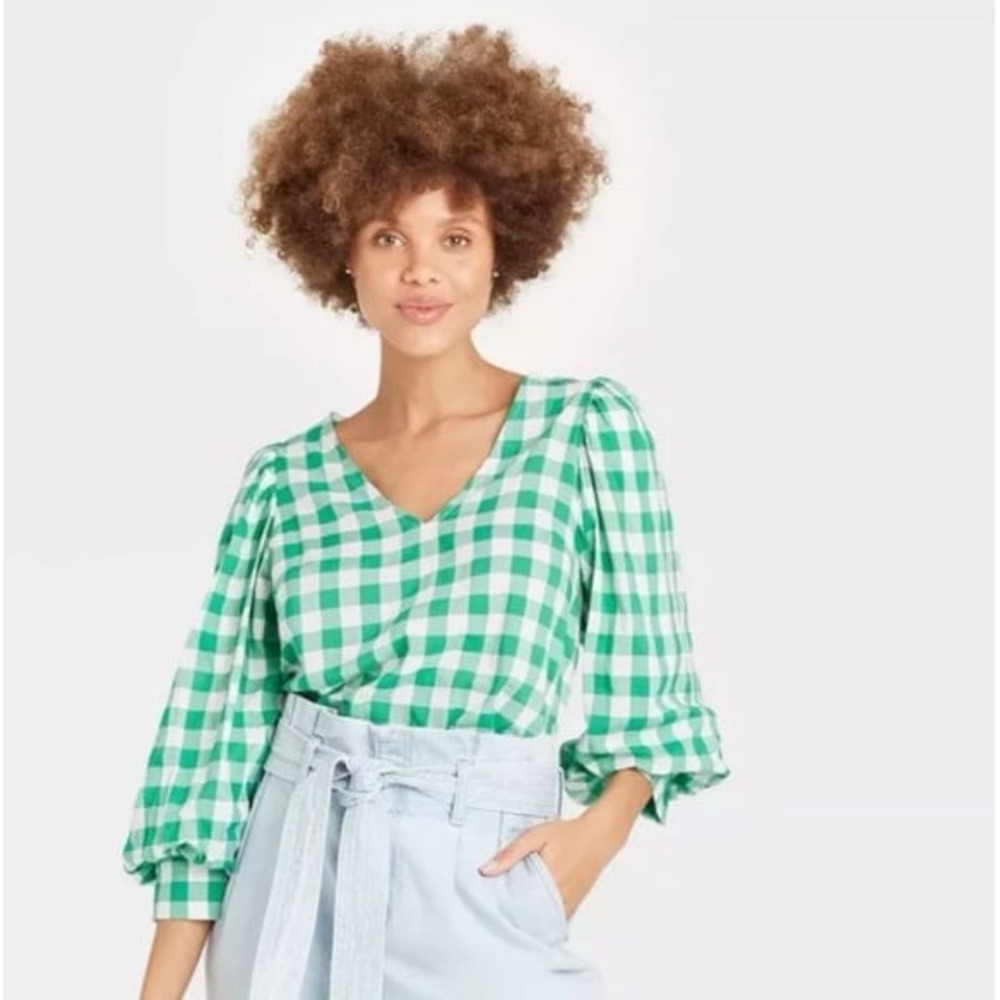 A New Day V-Neck Gingham Plaid 3/4 Puff Sleeve Green White Blouse Top Size M